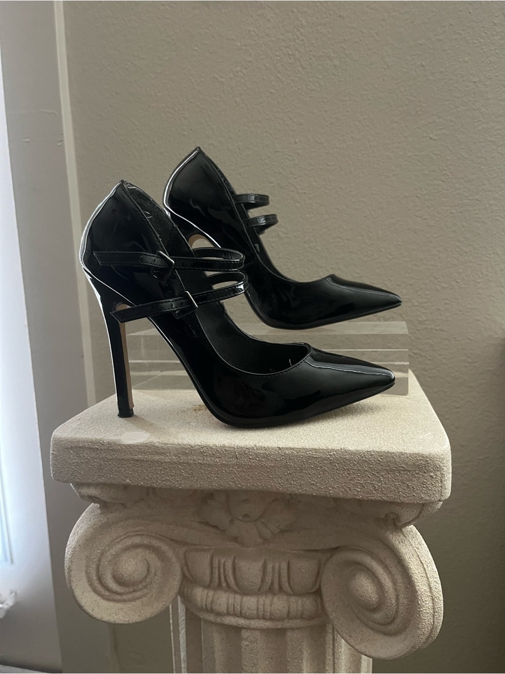 Black Patent Pointed-Toe Mary Jane Stiletto Heels